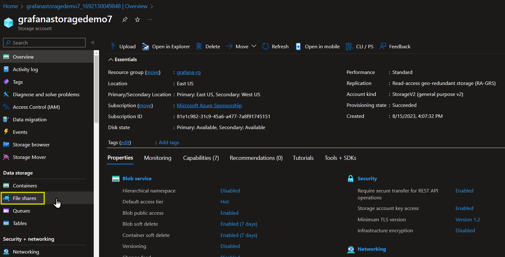 Azure Storage Account with File Shares highlighted on the Configuration Blade.