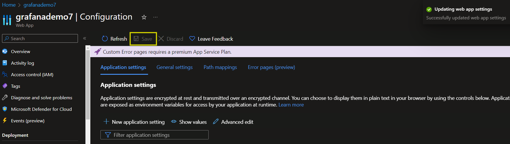 Azure Web App Configuration page with Save button highlighted