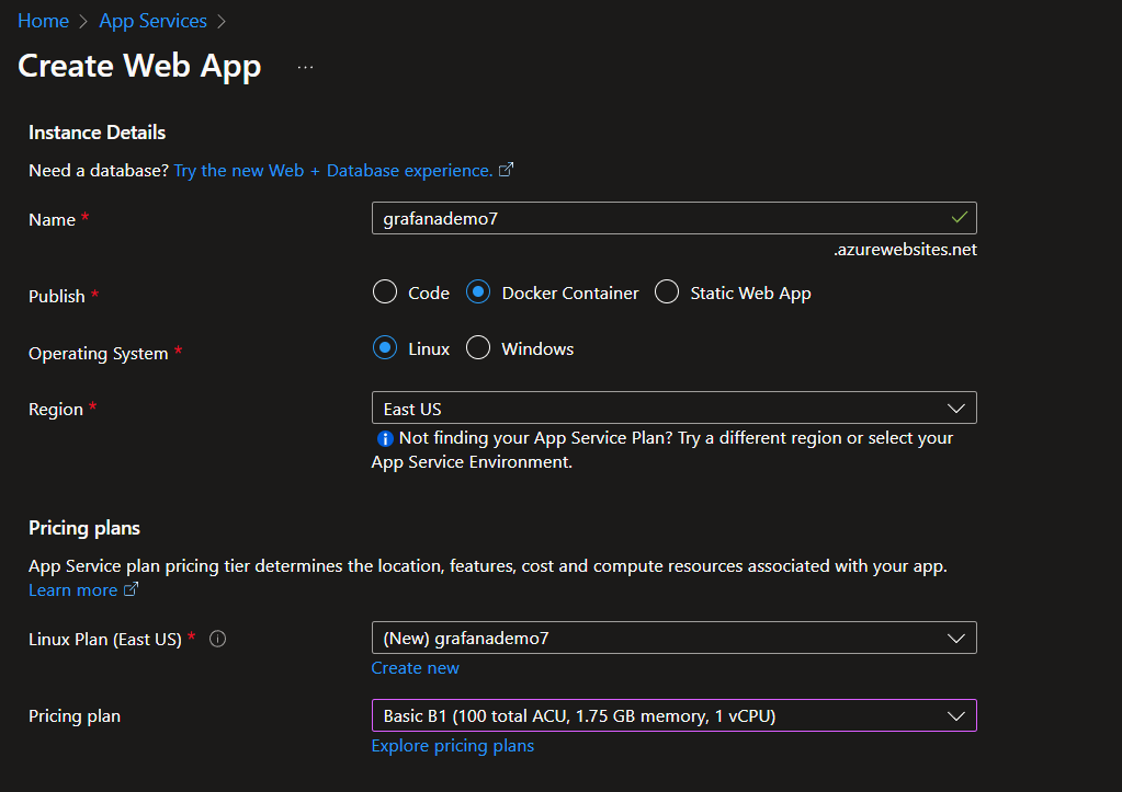 Creating a Web App, first settings page with Docker Container and Pricing plan as Basic B1.