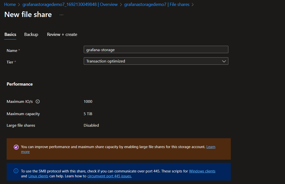 Creating new File Share with Transaction optimized Tier
