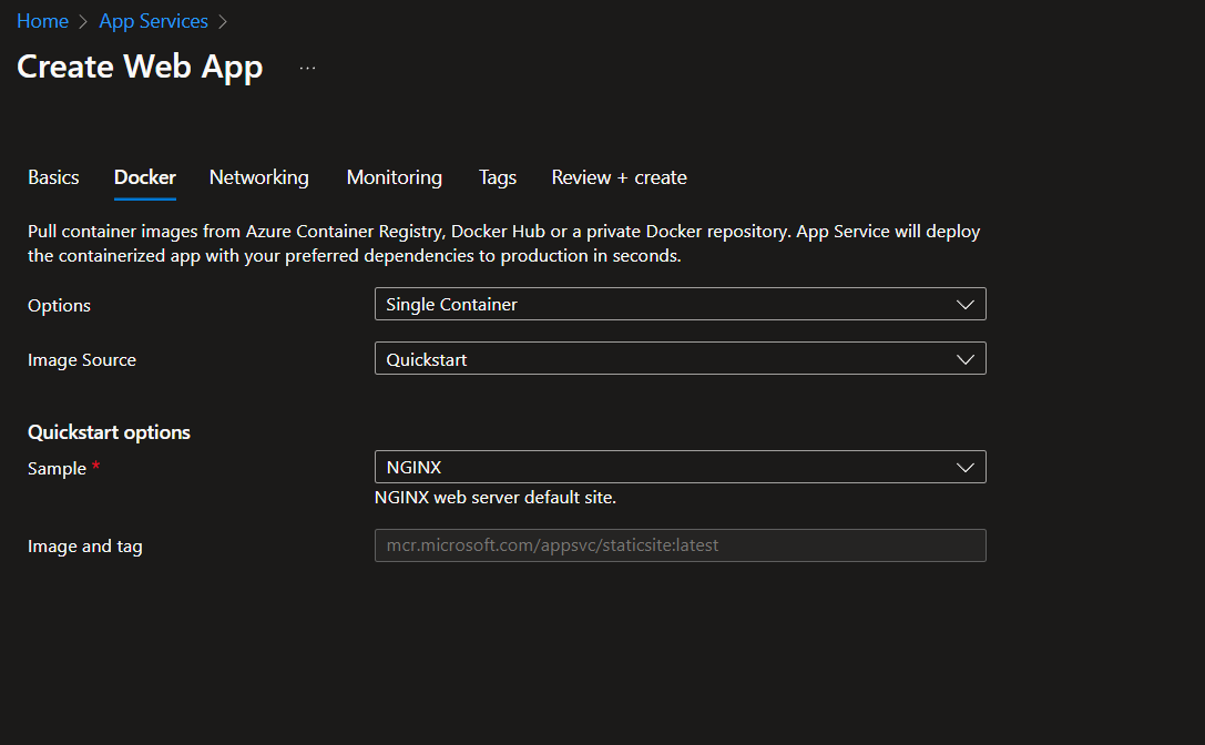 Using the default settings for Web App Container under Docker tab