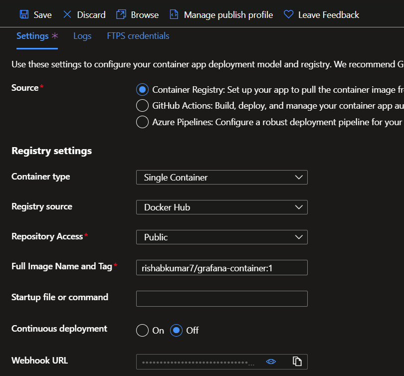 Azure Web App Deployment Center Container settings filled in with appropriate values for my grafana image