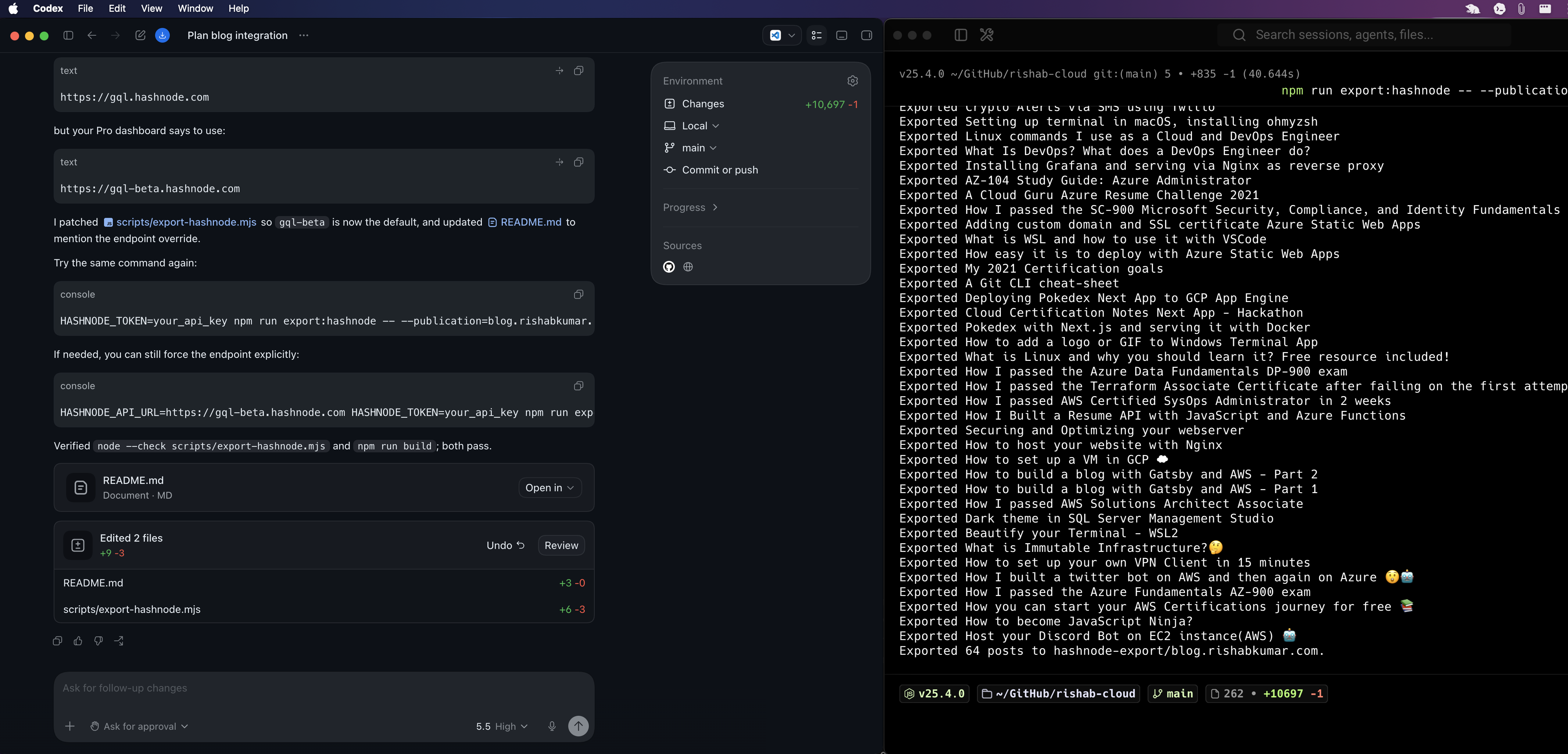 Codex helping with the Hashnode export script while the terminal exports posts
